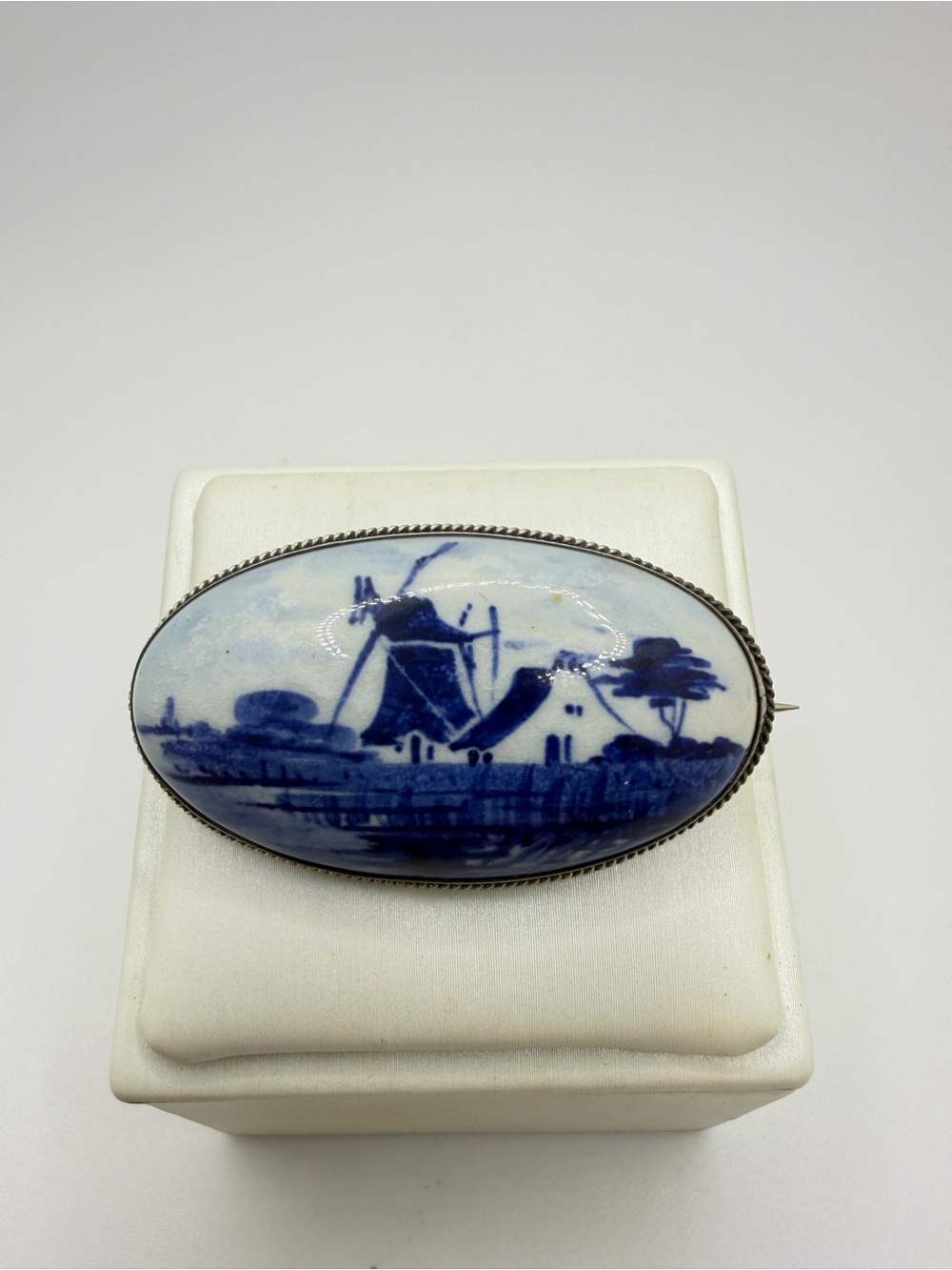 VTG 2" Delft Sterling Silver Windmill Dutch landscape Porcelain Brooch/pin!